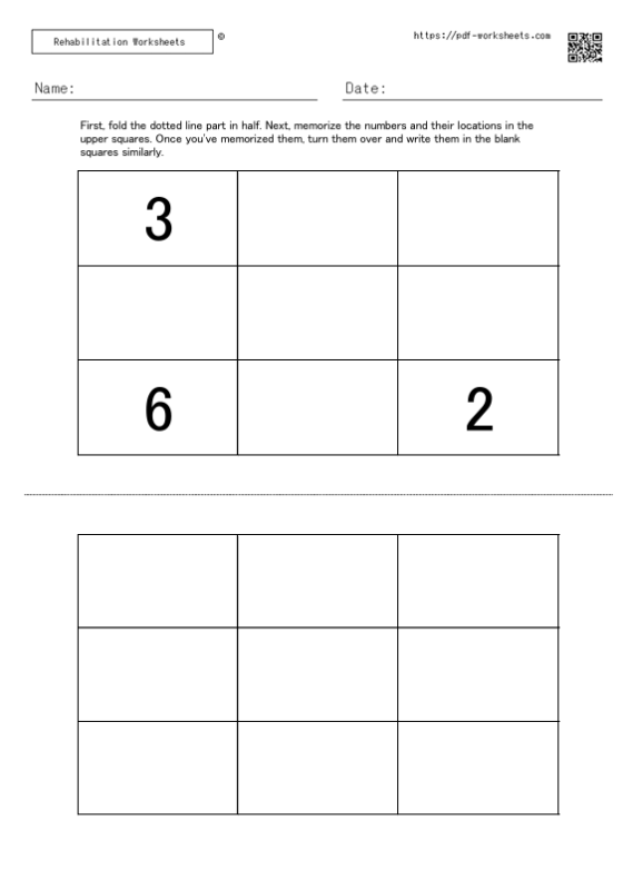 Task to memorize the numbers in the squares and the location of the numbers and write them in the blank squares 3