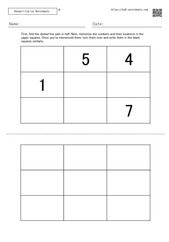 Task to memorize the numbers in the squares and the location of the numbers and write them in the blank squares 4