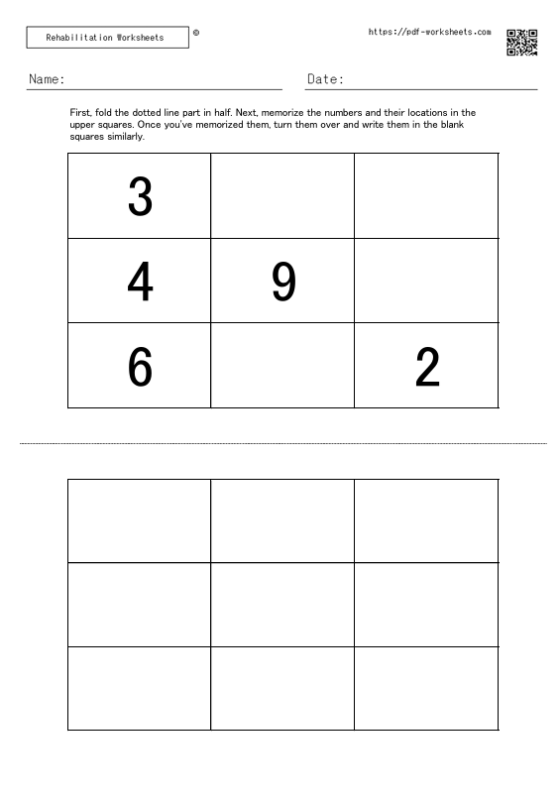 Task to memorize the numbers in the squares and the location of the numbers and write them in the blank squares 5