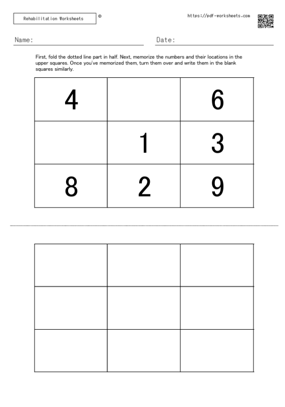 Task to memorize the numbers in the squares and the location of the numbers and write them in the blank squares 7