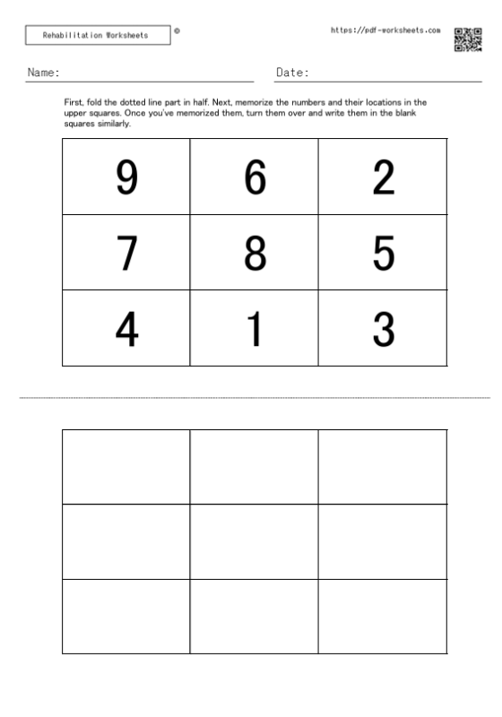 Task to memorize the numbers in the squares and the location of the numbers and write them in the blank squares 9