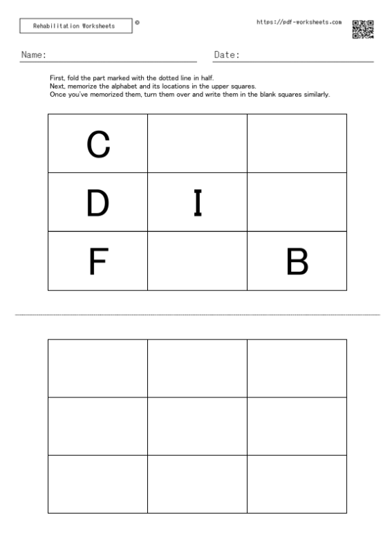Task to memorize the alphabet in the squares and the location of the alphabet, and write them in the blank squares 5