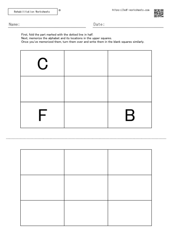 Task to memorize the alphabet in the squares and the location of the alphabet, and write them in the blank squares