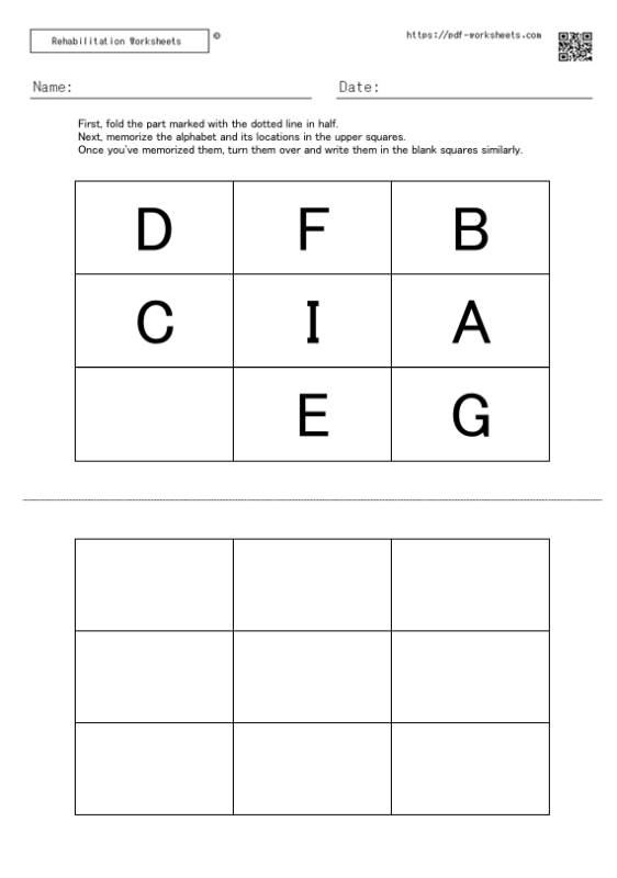 Task to memorize the alphabet in the squares and the location of the alphabet, and write them in the blank squares 8