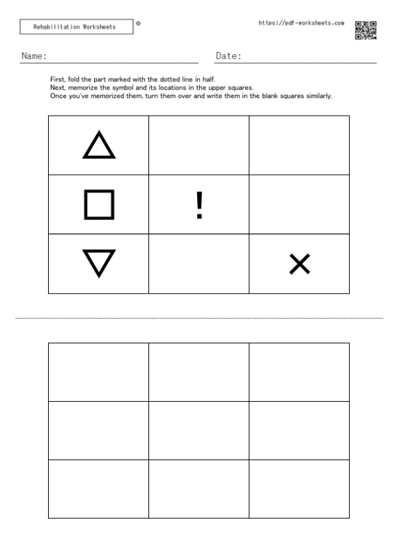 Task to memorize the symbol in the squares and the location of the symbol and write them in the blank squares 5