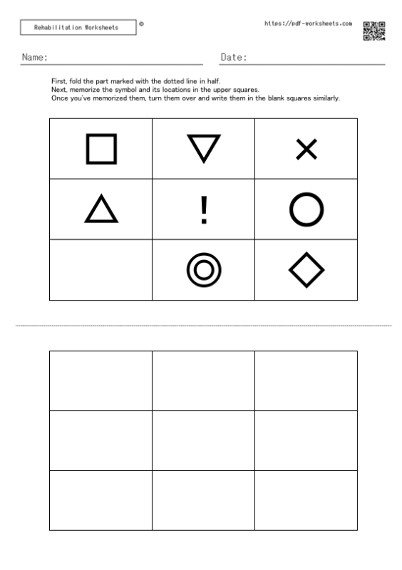 Task to memorize the symbol in the squares and the location of the symbol and write them in the blank squares 8