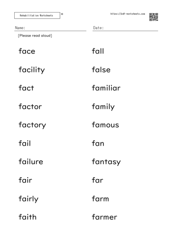 Word reading aloud task F