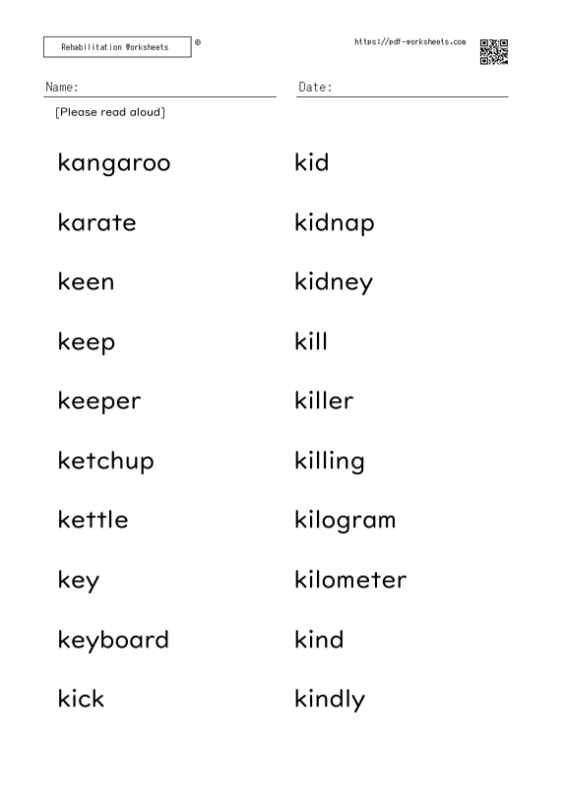 Word reading aloud task K