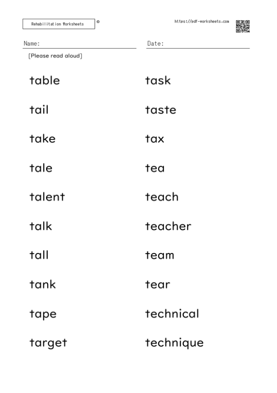 Word reading aloud task T