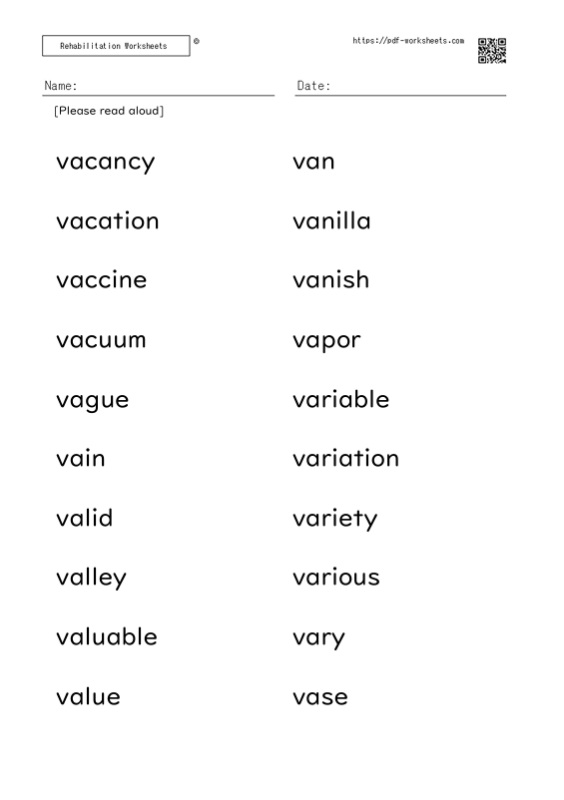 Word reading aloud task V