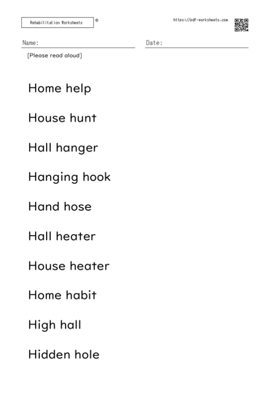 Reading aloud task two-word sentence H