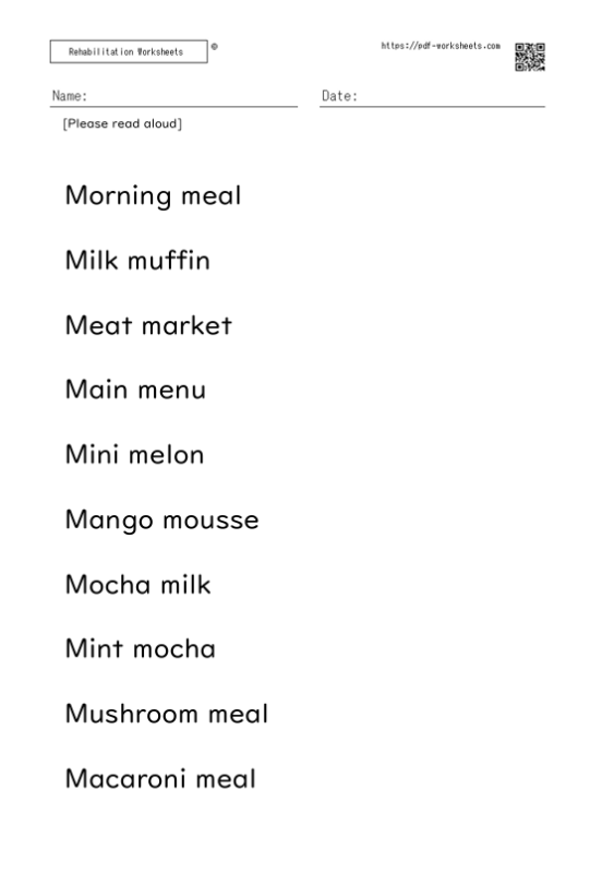Reading aloud task two-word sentence M