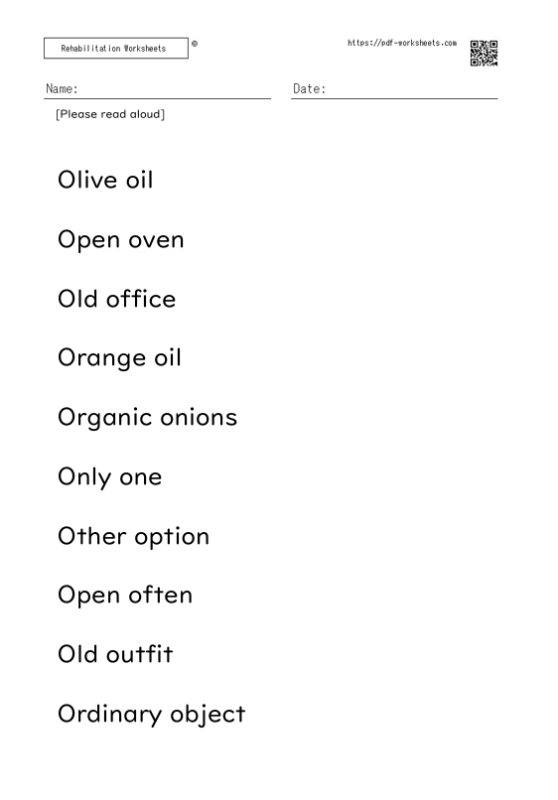 Reading aloud task two-word sentence O