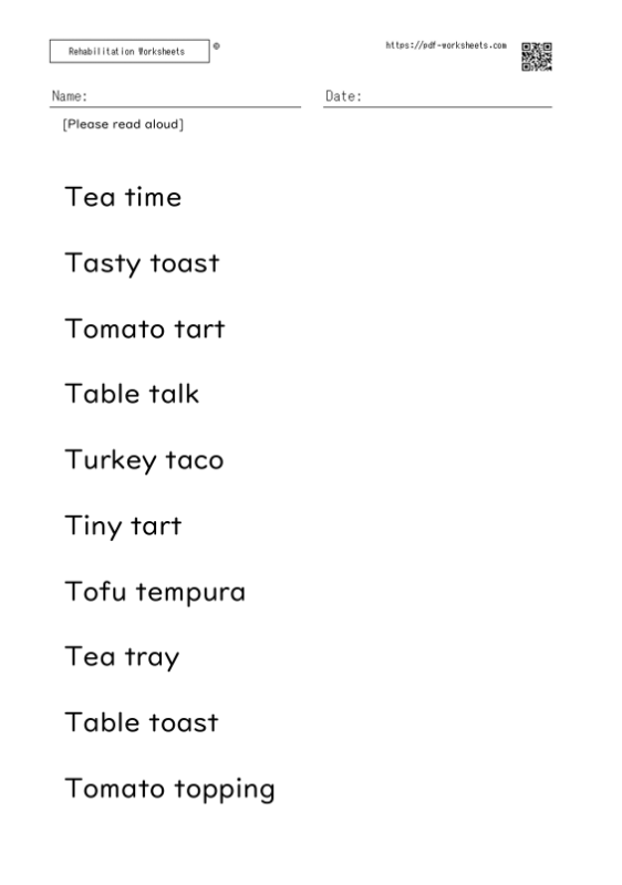Reading aloud task two-word sentence T