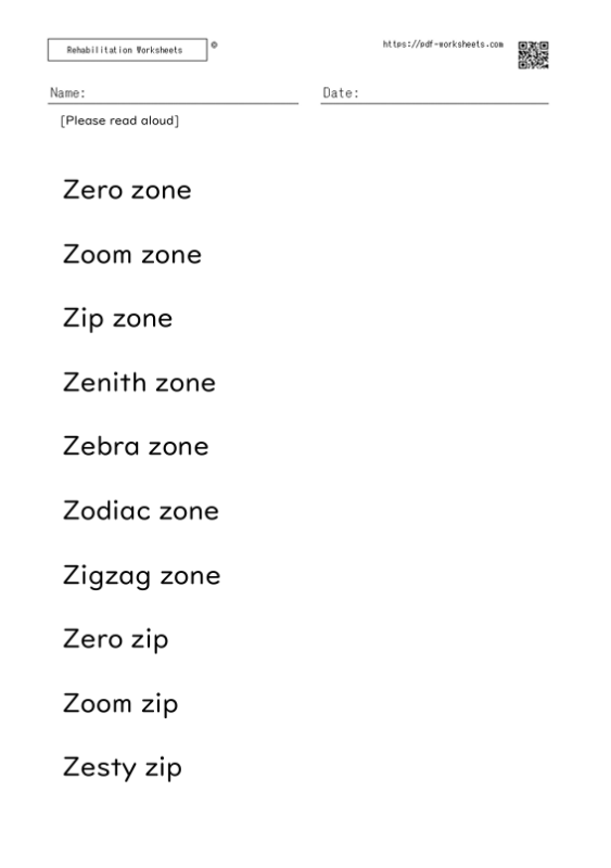 Reading aloud task two-word sentence Z