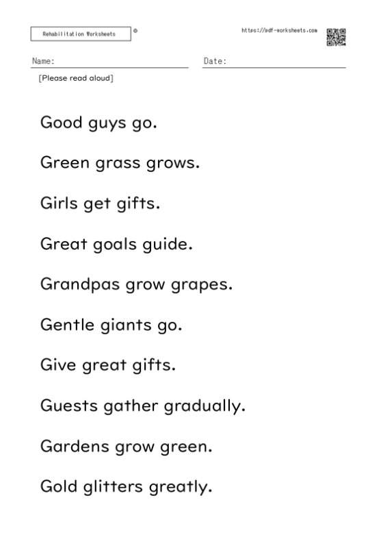 Reading aloud task three-word sentence G