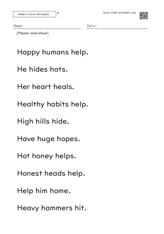 Reading aloud task three-word sentence H