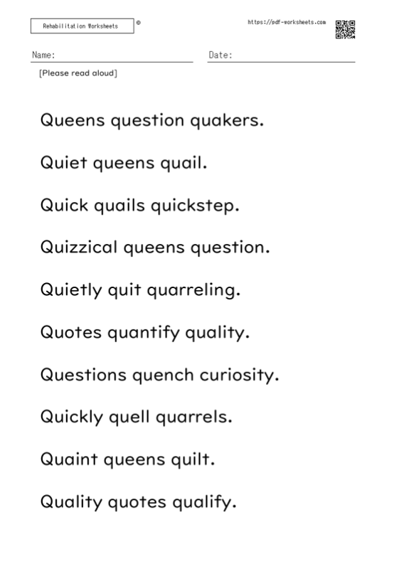 Reading aloud task three-word sentence Q