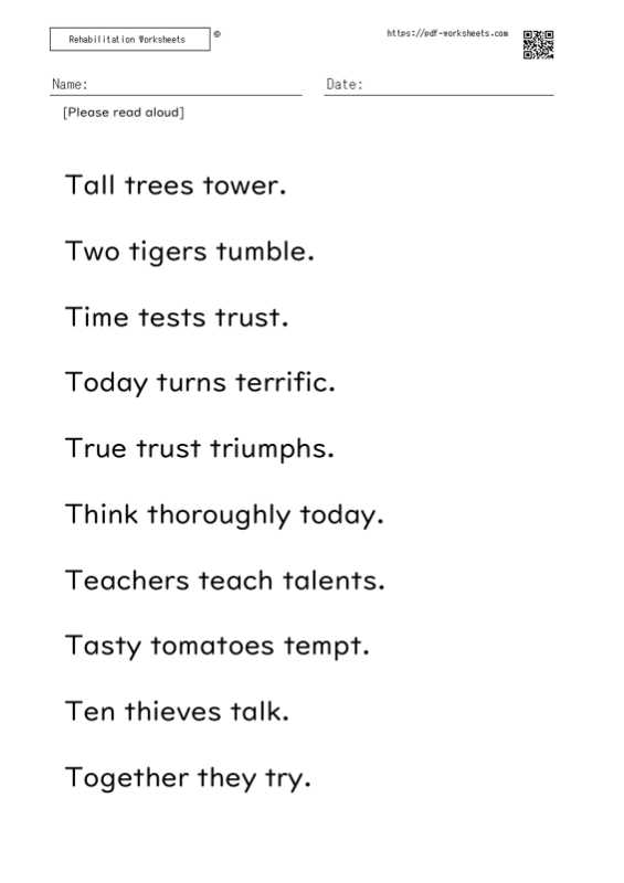 Reading aloud task three-word sentence T
