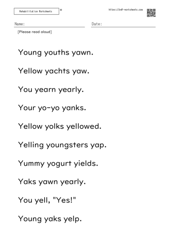 Reading aloud task three-word sentence Y