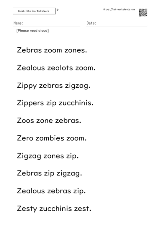 Reading aloud task three-word sentence Z