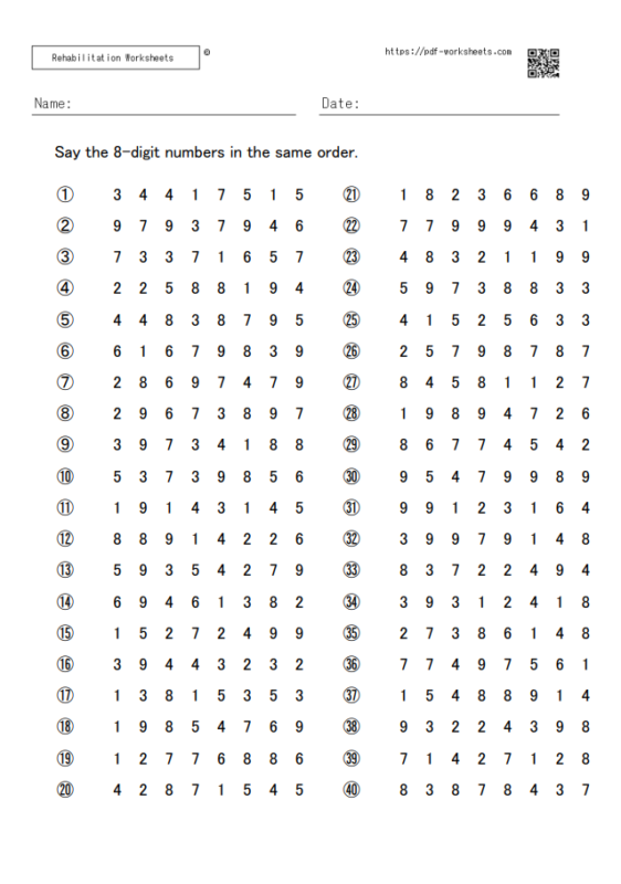 8-Digit Span Task Forward (5 sheets) - Rehabilitation Worksheets