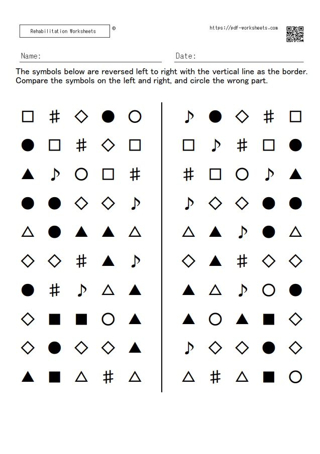 The task of finding mistakes in the left and right symbols (Inverted version) 5×10