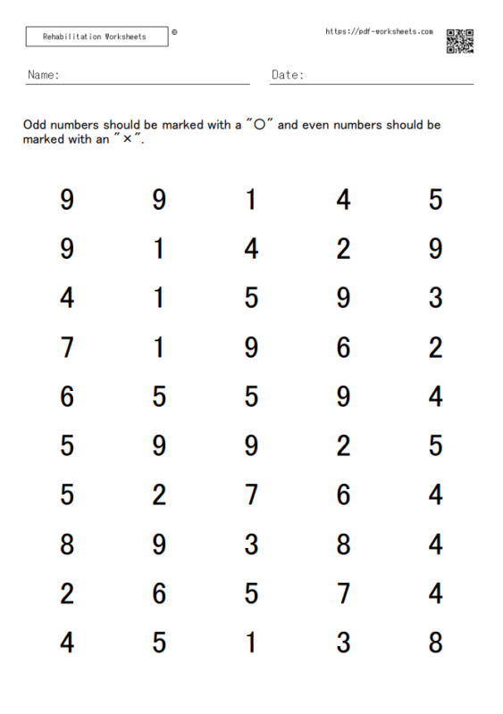 Odd number even number 〇 × check task 10×5 (20 sheets) - Rehabilitation ...