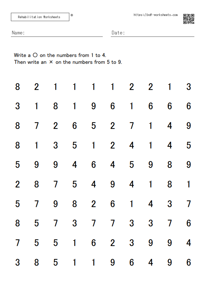 A task to write a circle for the numbers 1 to 4 and a cross for the numbers 5 to 9 10×10