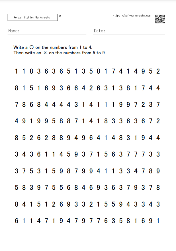 A task to write a circle for the numbers 1 to 4 and a cross for the numbers 5 to 9 10×20