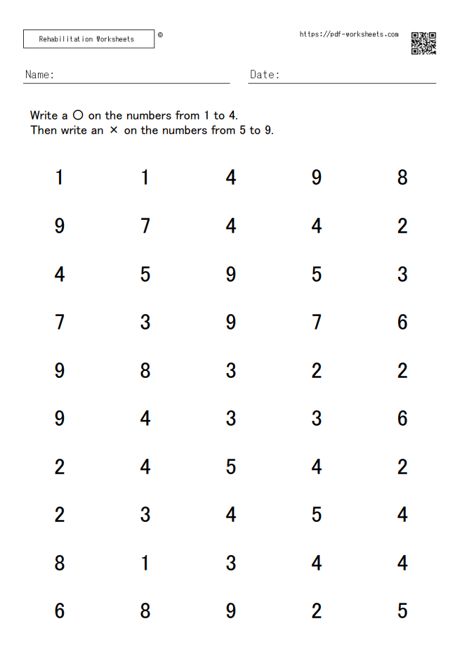 A task to write a circle for the numbers 1 to 4 and a cross for the numbers 5 to 9 10×5