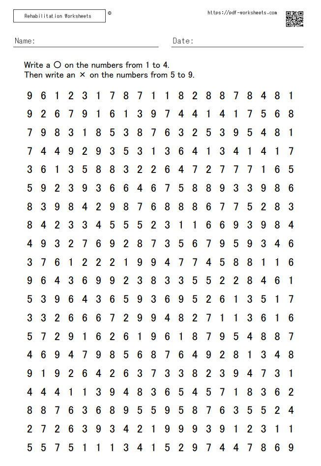 A task to write a circle for the numbers 1 to 4 and a cross for the numbers 5 to 9 20×20