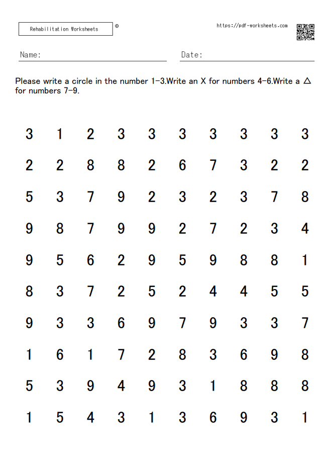 Number Cancellation Task (1-3→〇, 4-6→×, 7-9→△) 10×10