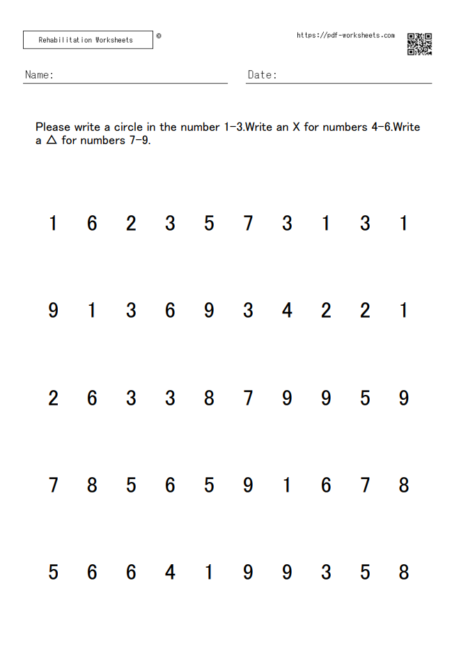Number Cancellation Task (1-3→〇, 4-6→×, 7-9→△) 5×10