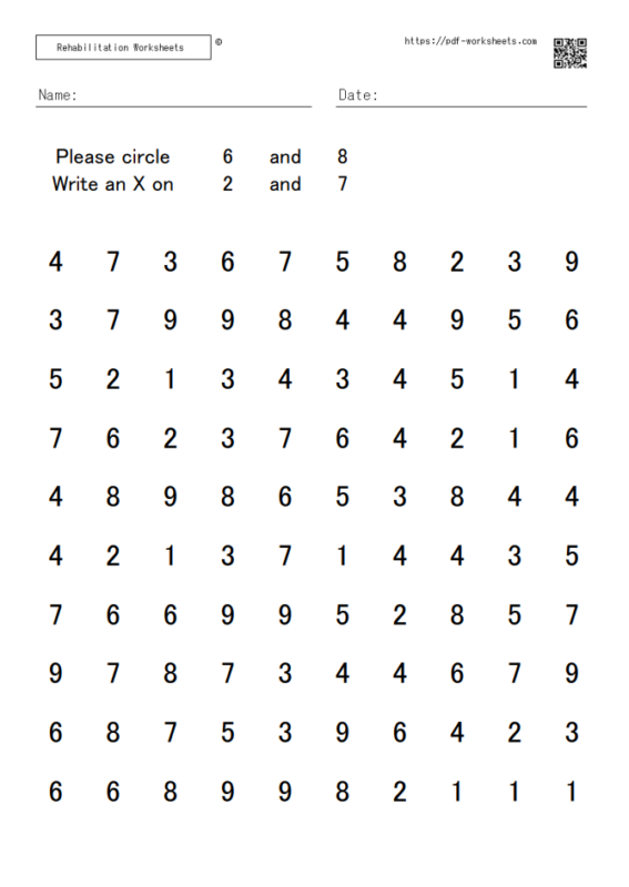 Number cancellation dual task 10×10 (20 sheets) - Rehabilitation Worksheets