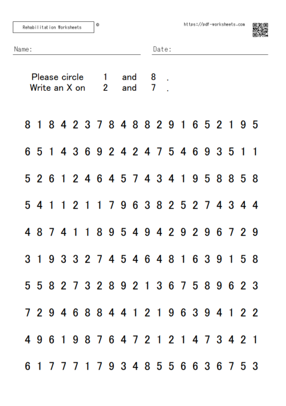 Number cancellation dual task 10×20 (20 sheets) - Rehabilitation Worksheets