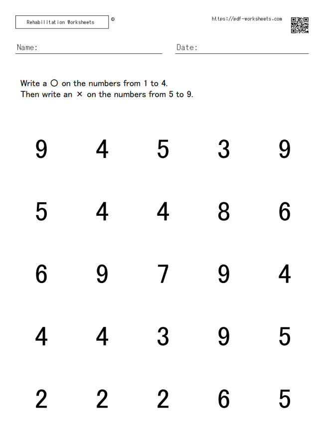 A task to write a circle for the numbers 1 to 4 and a cross for the numbers 5 to 9