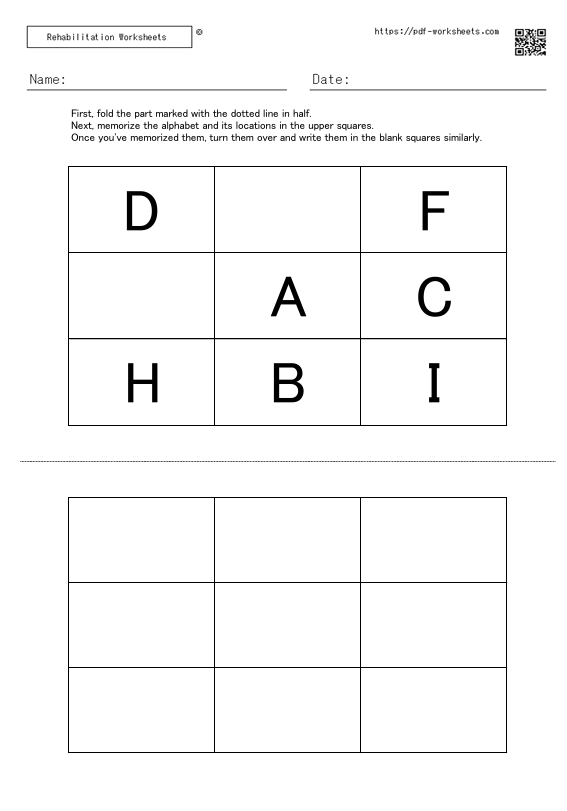 Task to memorize the alphabet in the squares and the location of the alphabet, and write them in the blank squares 7
