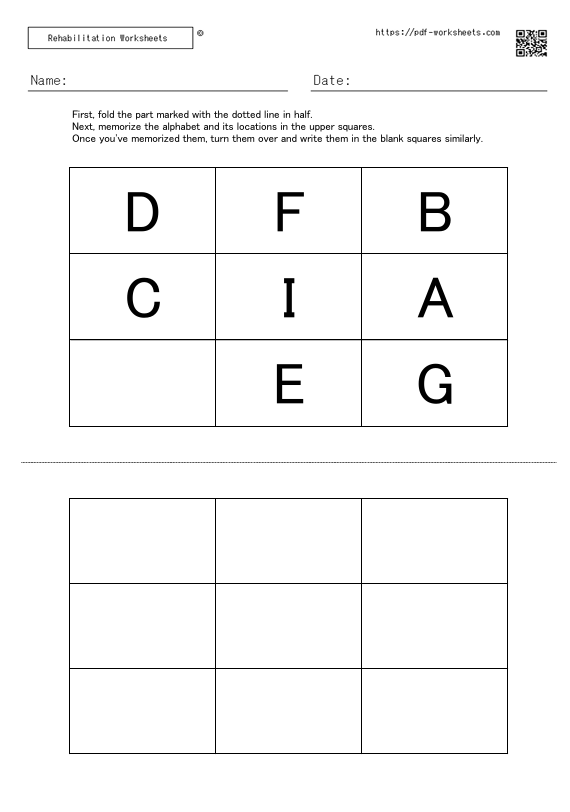 Task to memorize the alphabet in the squares and the location of the alphabet, and write them in the blank squares 8