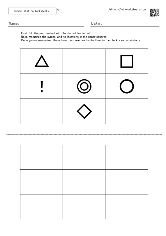 Task to memorize the symbol in the squares and the location of the symbol and write them in the blank squares 6