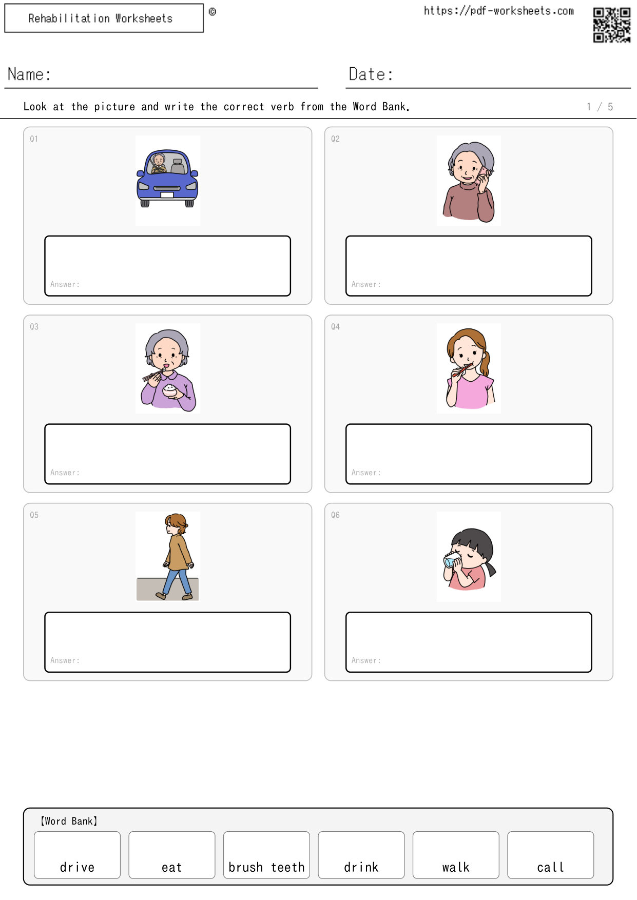 Task involving selecting the verb that matches the picture from a list of options 6 (5 sheets)