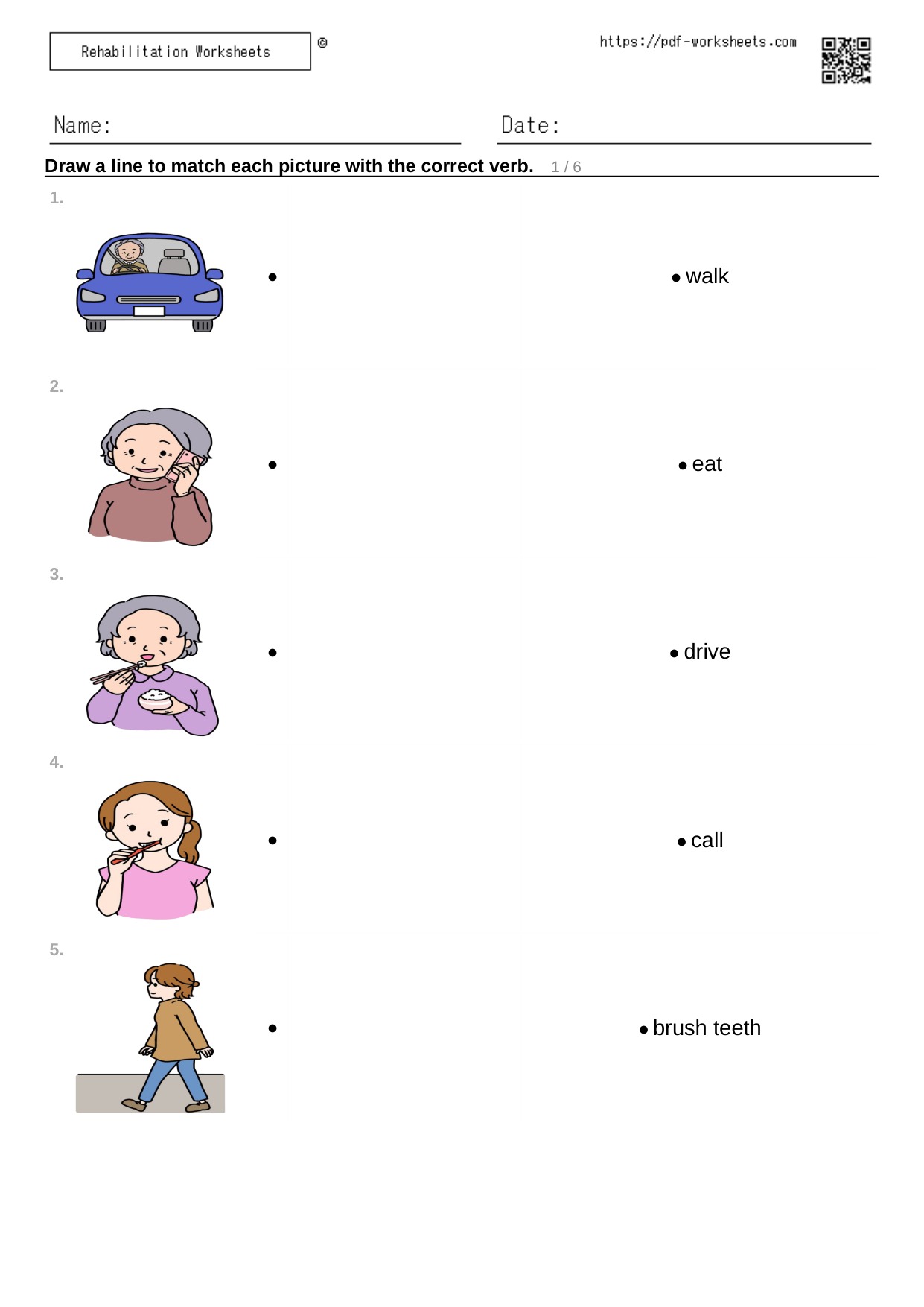 Task to draw lines matching pictures with verbs, side by side (6 sheets)
