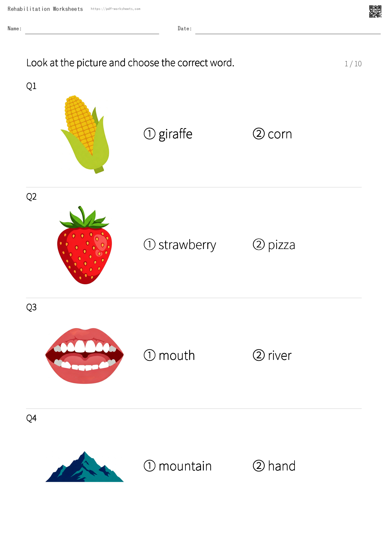 Task to choose the noun that matches the picture, 2 choices (10 sheets)