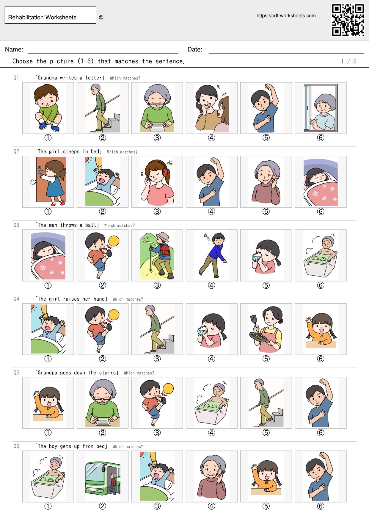 Task to choose the picture that matches the sentence, 6 choices (5 sheets)