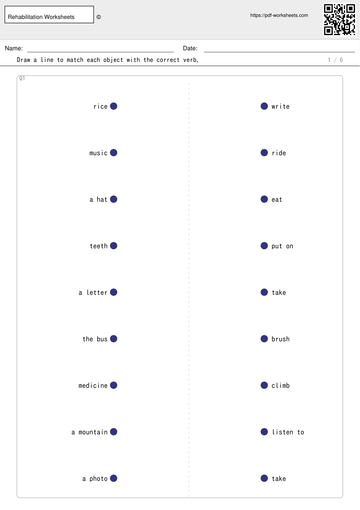 Match objects with verbs, 9 pairs (6 sheets)