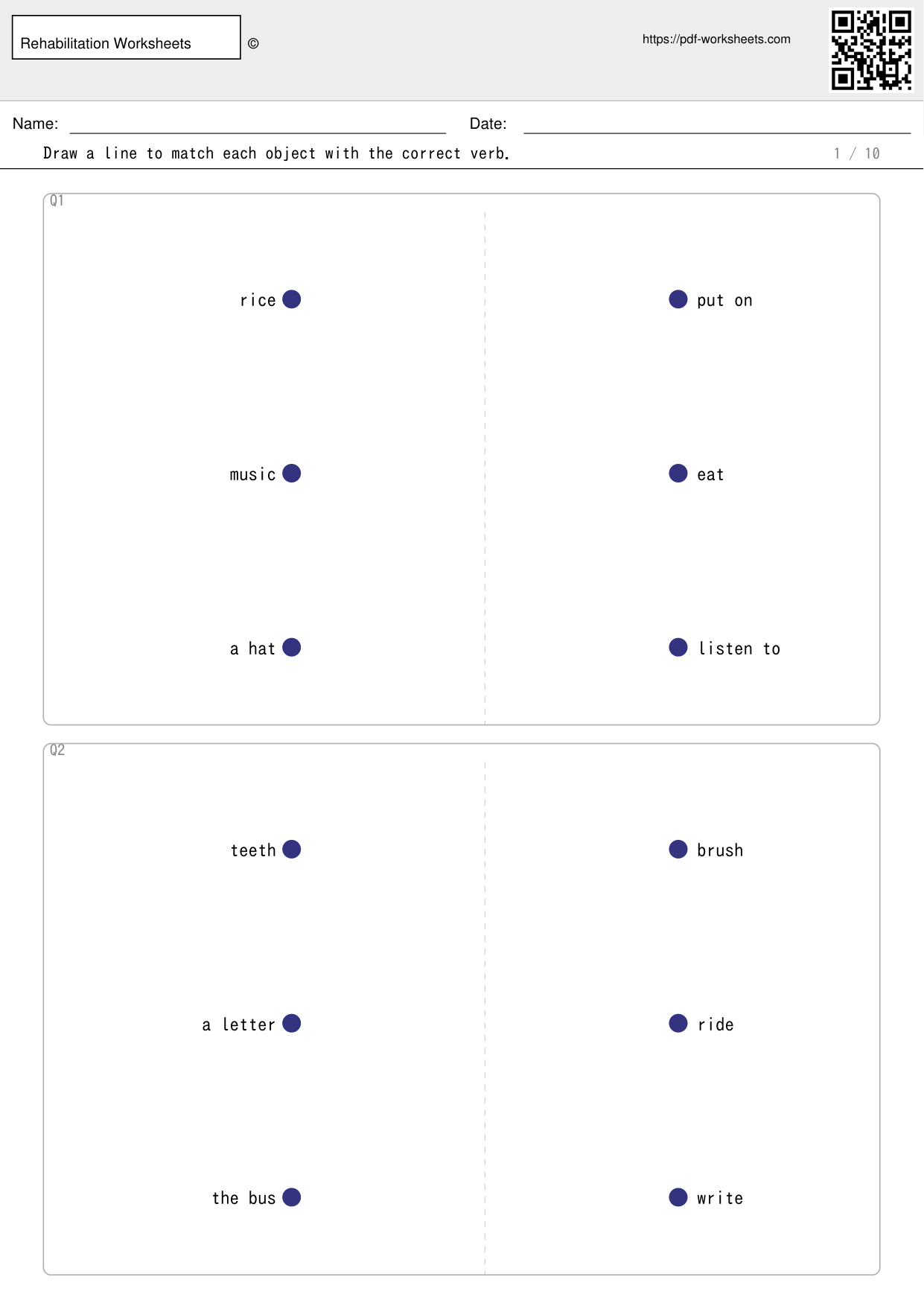 Task to draw lines matching objects with verbs, 3 pairs (10 sheets)