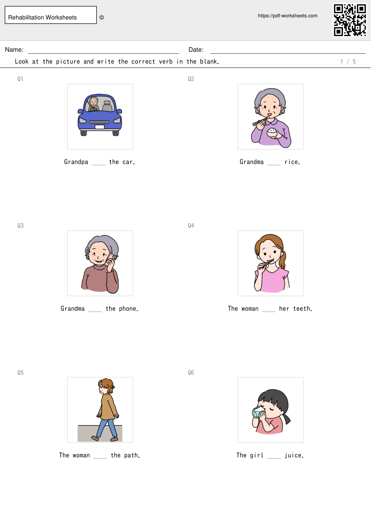 Task to look at the picture and write the correct verb in the blank (5 sheets)