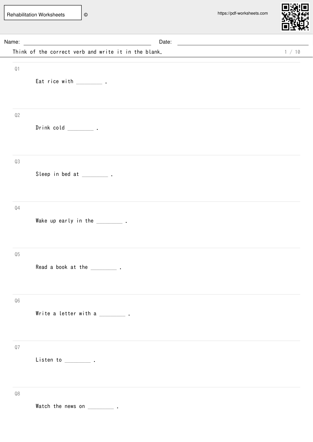 Task to think of the correct verb and write it in the blank (10 sheets)