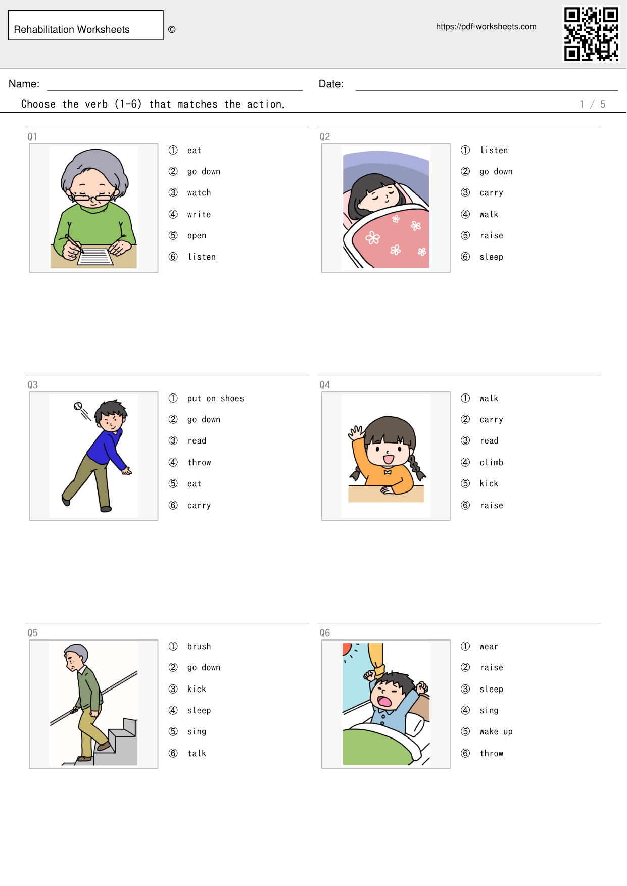 Task to look at the picture and choose the verb that matches the action, 6 choices (5 sheets)