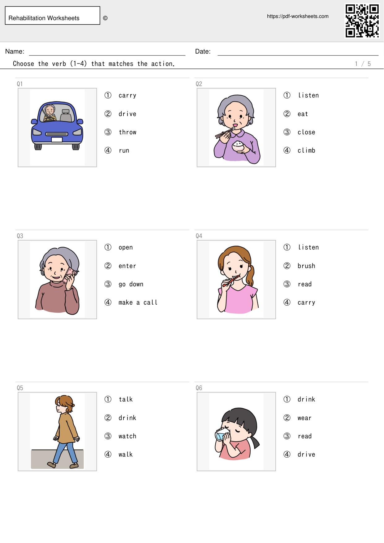 Task to look at the picture and choose the verb that matches the action, 4 choices (5 sheets)